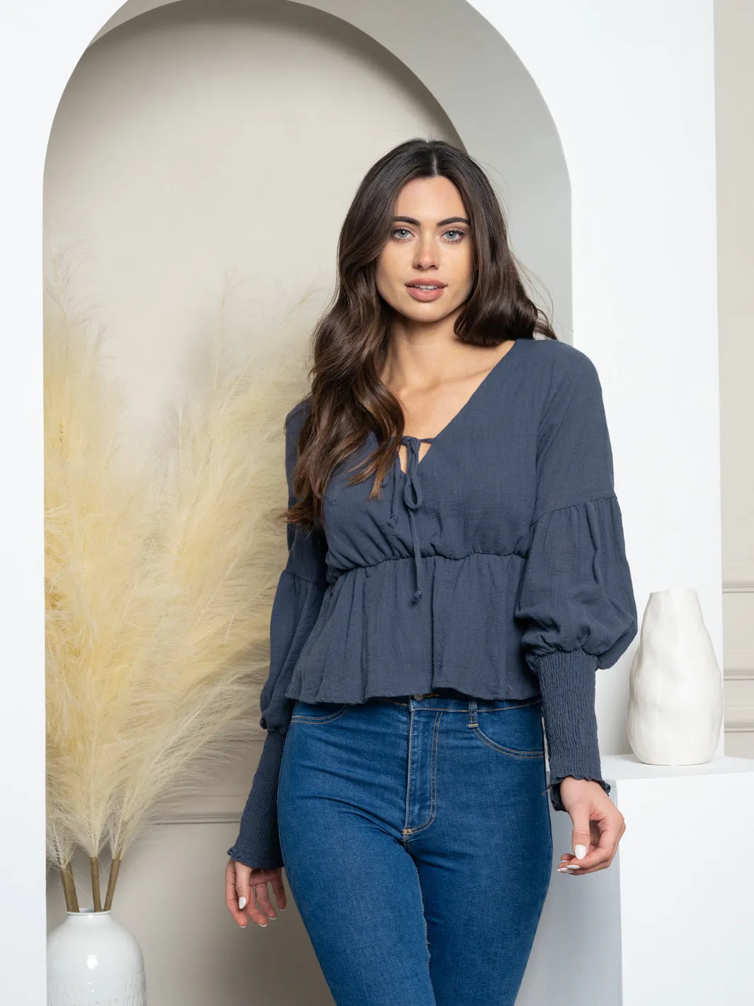WOMEN'S LONG PUFF SLEEVE V-NECK PEPLUM BLOUSE