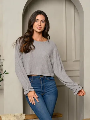 WOMEN'S LONG RUFFLE SLEEVE SOLID RIBBED TOP