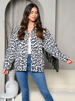WOMEN'S LONG SLEEVE ANIMAL PRINT FRINGE DENIM JACKET