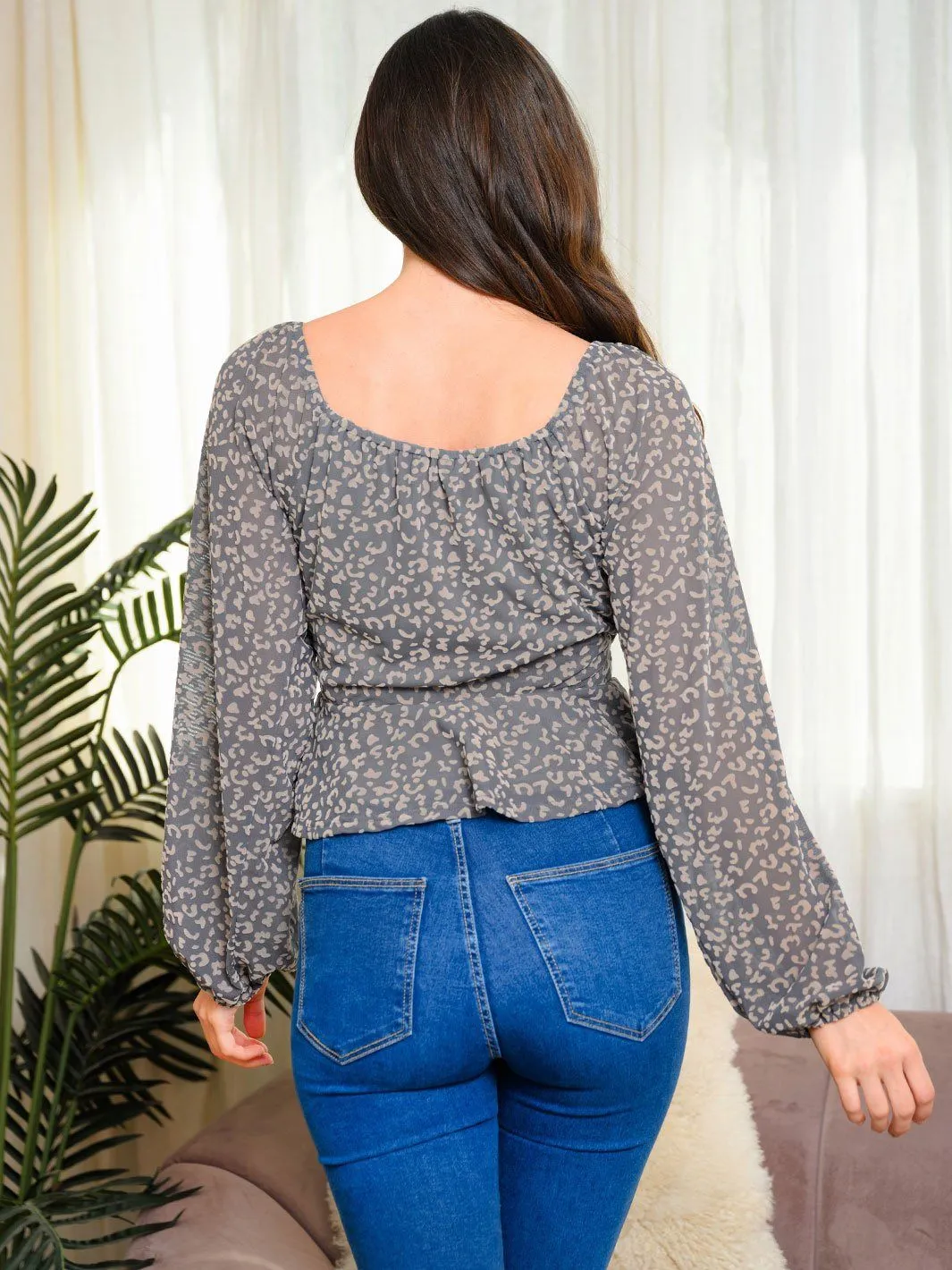 WOMEN'S LONG SLEEVE ANIMAL PRINT PEPLUM TOP