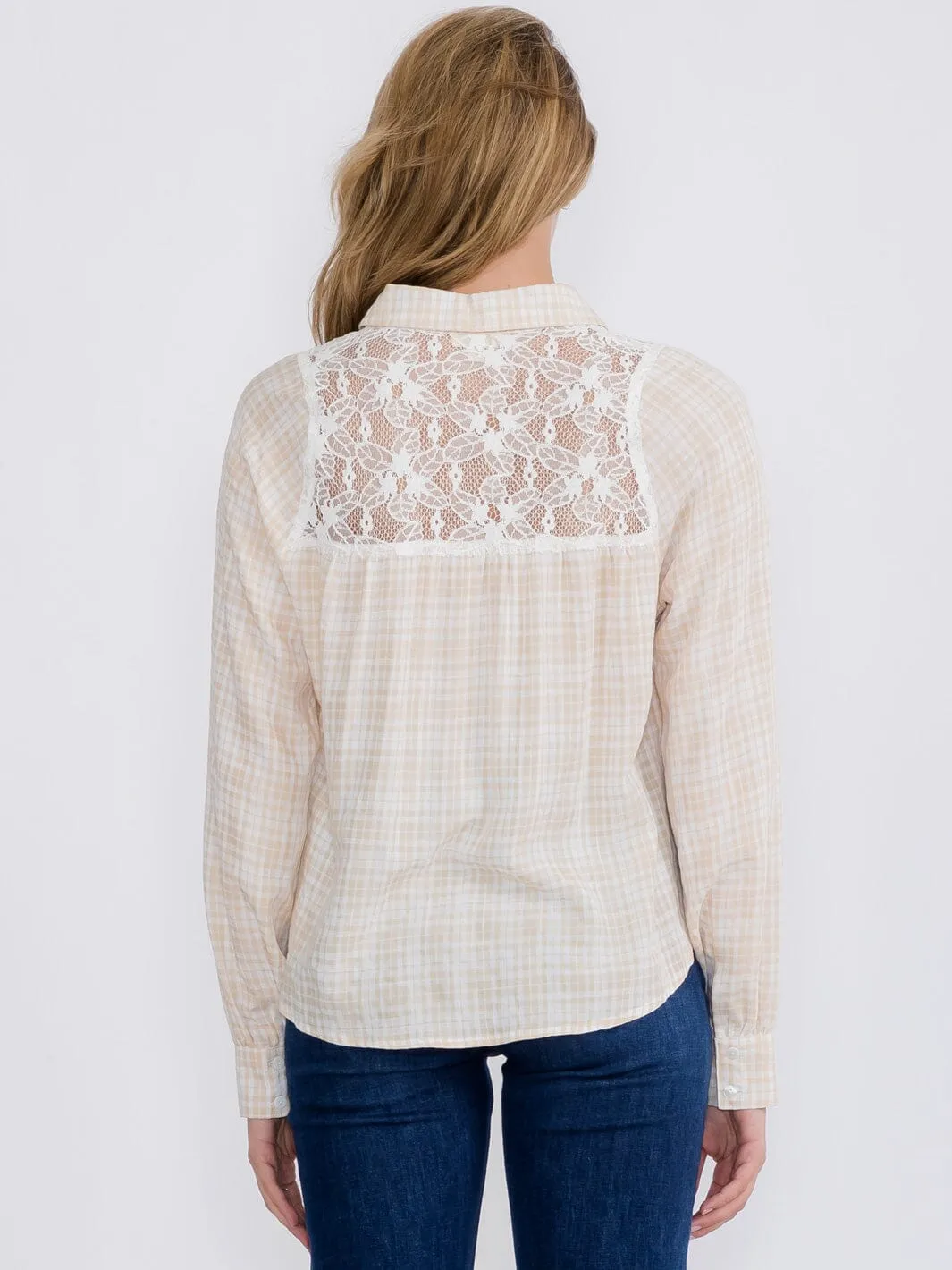 WOMEN'S LONG SLEEVE BUTTON CLOSURE HIGH-LOW LACE PLAID BLOUSE