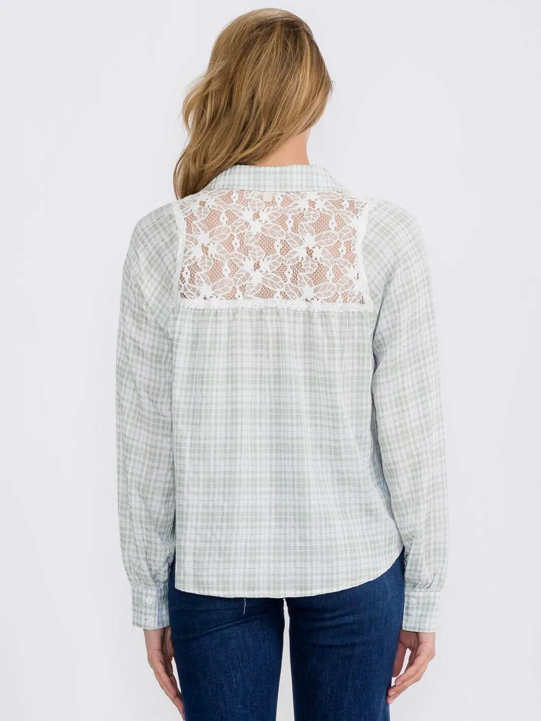 WOMEN'S LONG SLEEVE BUTTON CLOSURE HIGH-LOW LACE PLAID BLOUSE