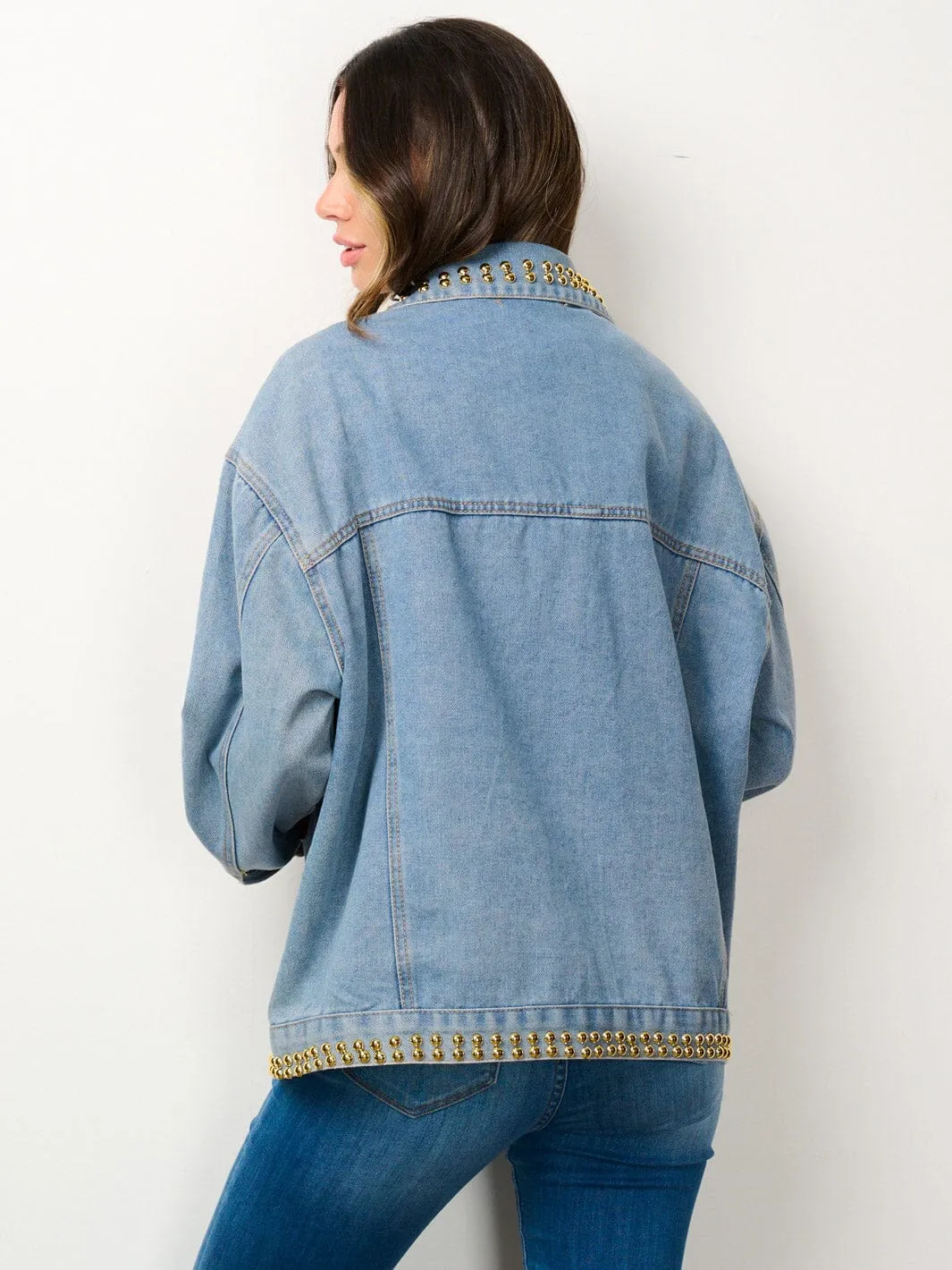 WOMEN'S LONG SLEEVE BUTTON CLOSURE MULTI COLOR STUDS DETAILED DENIM JACKET