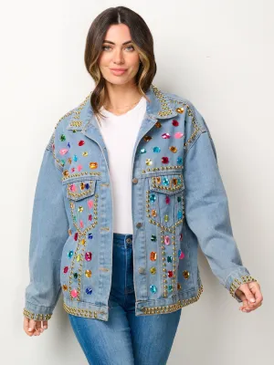WOMEN'S LONG SLEEVE BUTTON CLOSURE MULTI COLOR STUDS DETAILED DENIM JACKET