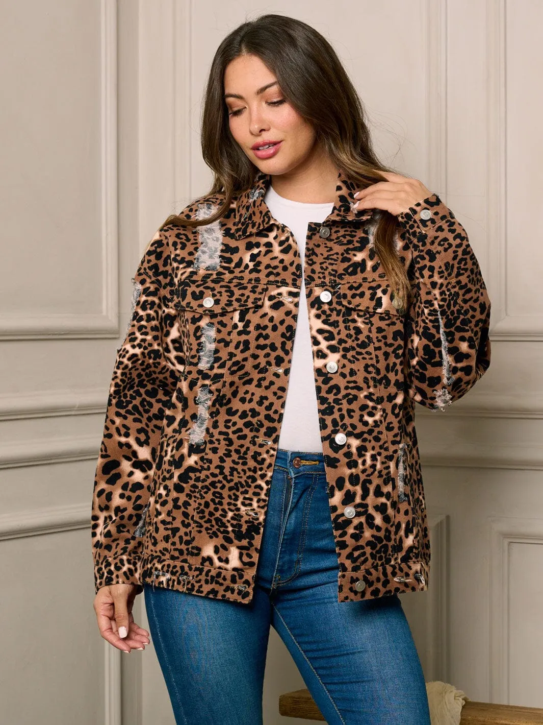 WOMEN'S LONG SLEEVE BUTTON UP ANIMAL PRINT DISTRESS DENIM JACKET
