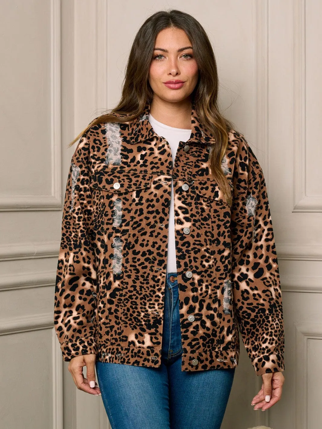 WOMEN'S LONG SLEEVE BUTTON UP ANIMAL PRINT DISTRESS DENIM JACKET