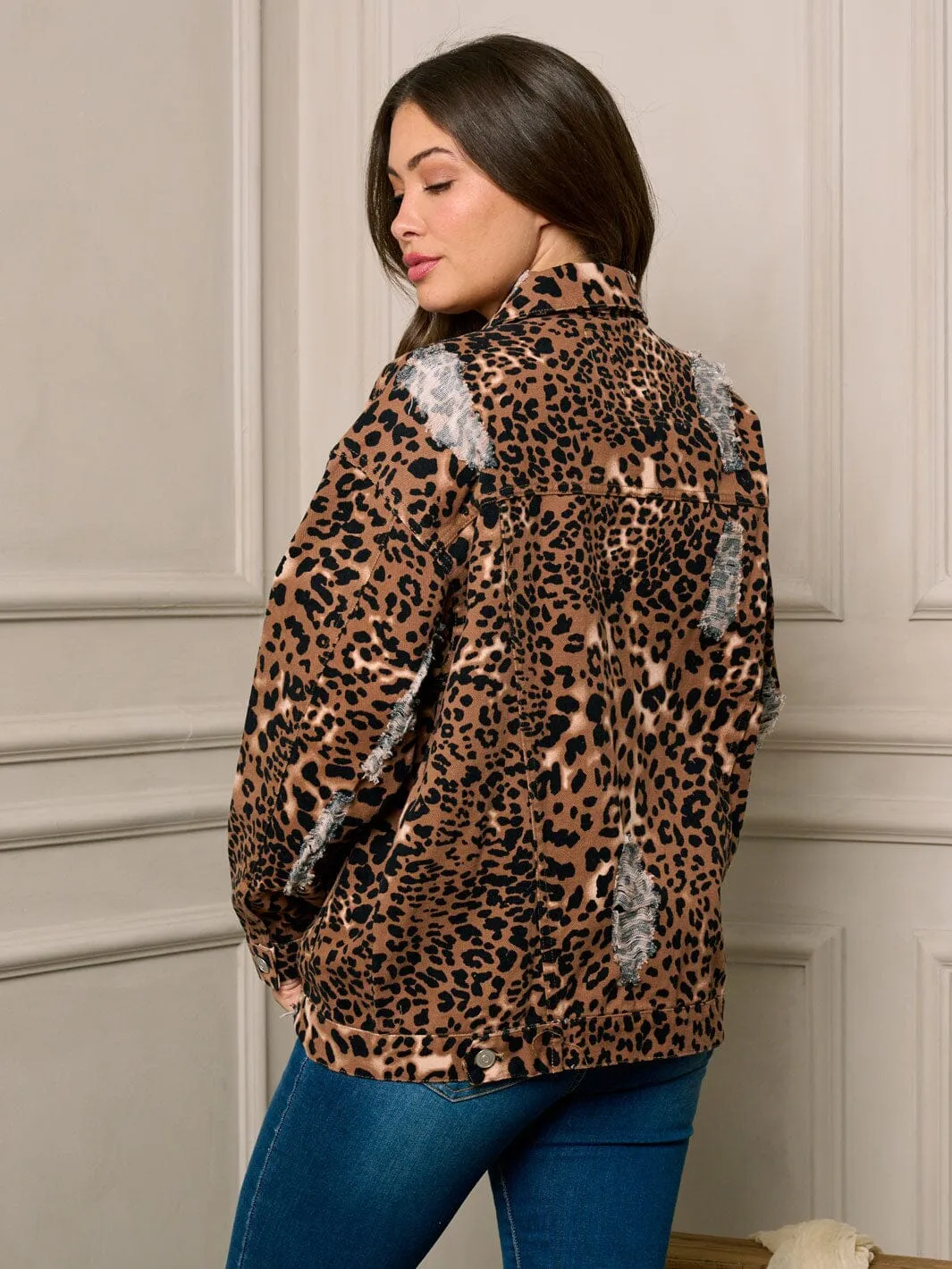 WOMEN'S LONG SLEEVE BUTTON UP ANIMAL PRINT DISTRESS DENIM JACKET