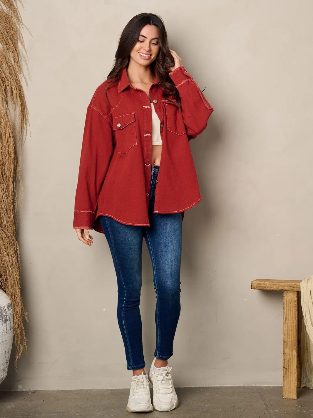 WOMEN'S LONG SLEEVE BUTTON UP COLLAR DENIM JACKET