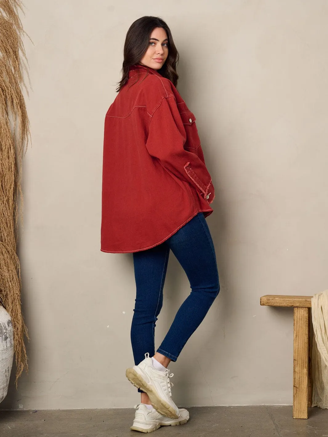 WOMEN'S LONG SLEEVE BUTTON UP COLLAR DENIM JACKET