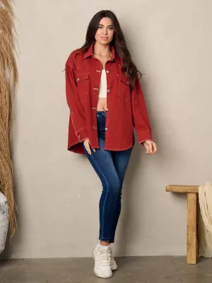 WOMEN'S LONG SLEEVE BUTTON UP COLLAR DENIM JACKET