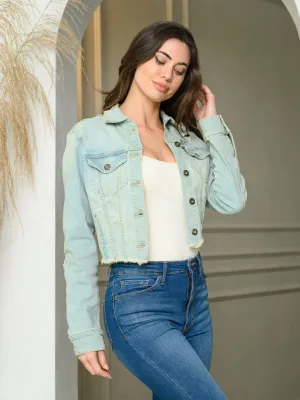 WOMEN'S LONG SLEEVE BUTTON UP DISTRESSED DENIM JACKET