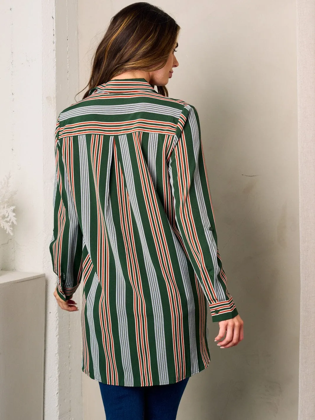 WOMEN'S LONG SLEEVE BUTTON UP FRONT POCKET COLORBLOCK STRIPES OVERSIZED TOP