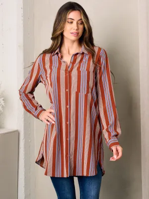 WOMEN'S LONG SLEEVE BUTTON UP FRONT POCKET COLORBLOCK STRIPES OVERSIZED TOP