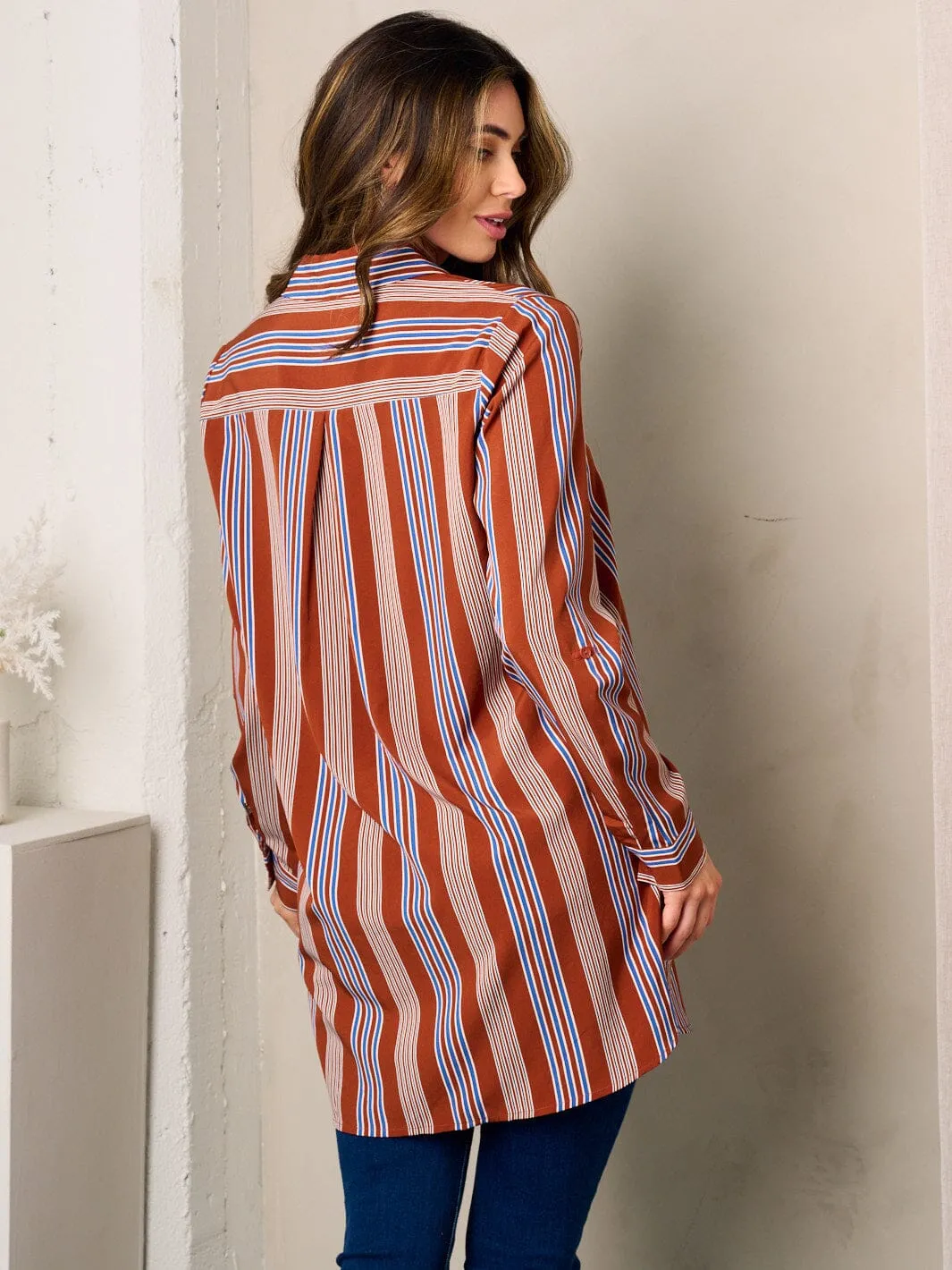 WOMEN'S LONG SLEEVE BUTTON UP FRONT POCKET COLORBLOCK STRIPES OVERSIZED TOP