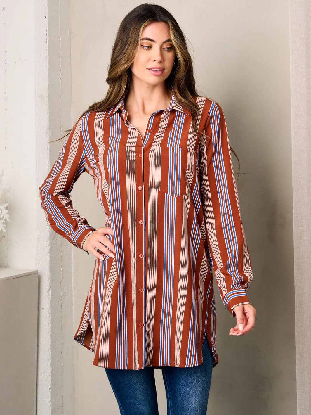 WOMEN'S LONG SLEEVE BUTTON UP FRONT POCKET COLORBLOCK STRIPES OVERSIZED TOP