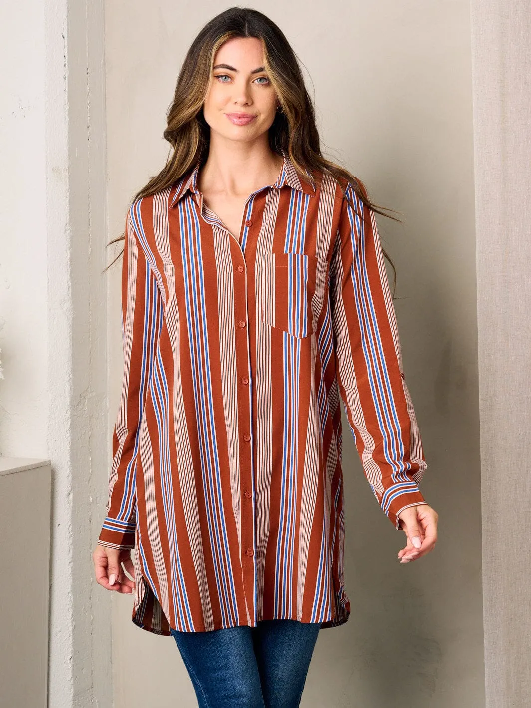 WOMEN'S LONG SLEEVE BUTTON UP FRONT POCKET COLORBLOCK STRIPES OVERSIZED TOP