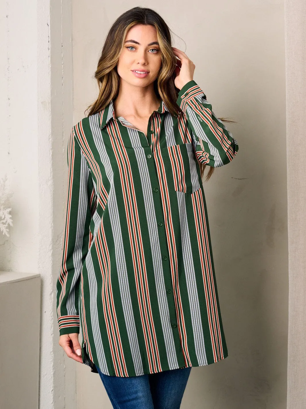 WOMEN'S LONG SLEEVE BUTTON UP FRONT POCKET COLORBLOCK STRIPES OVERSIZED TOP