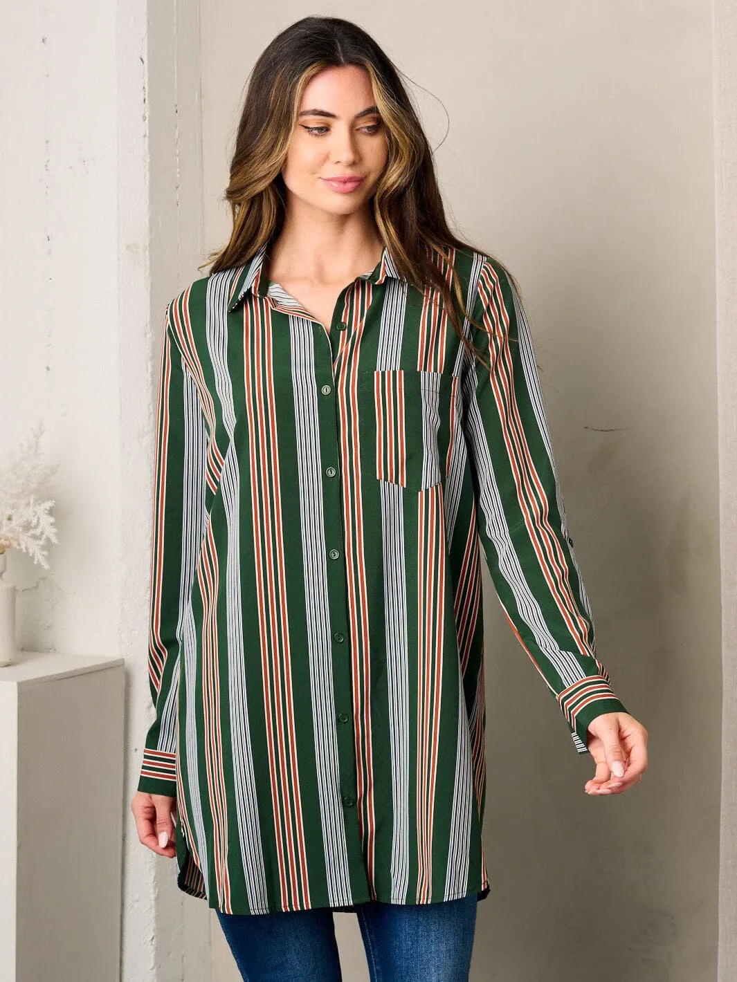 WOMEN'S LONG SLEEVE BUTTON UP FRONT POCKET COLORBLOCK STRIPES OVERSIZED TOP