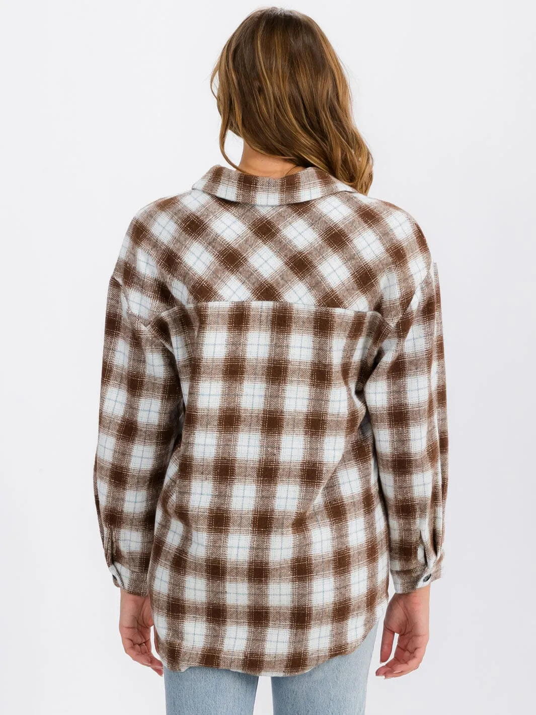 WOMEN'S LONG SLEEVE BUTTON UP FRONT POCKETS PLAID OVERSIZE SHIRT