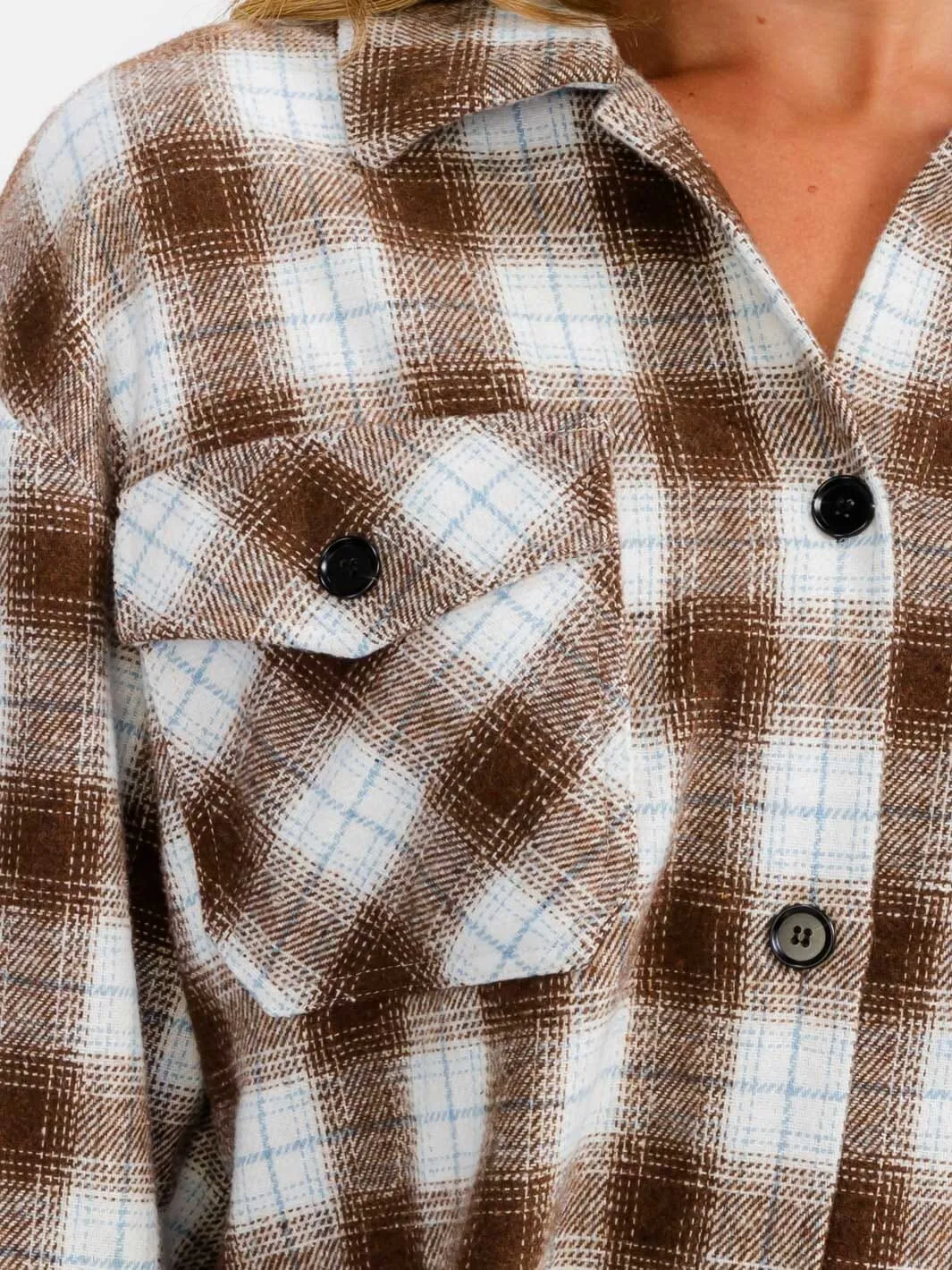 WOMEN'S LONG SLEEVE BUTTON UP FRONT POCKETS PLAID OVERSIZE SHIRT