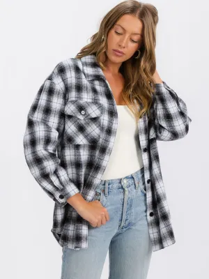 WOMEN'S LONG SLEEVE BUTTON UP FRONT POCKETS PLAID OVERSIZE SHIRT