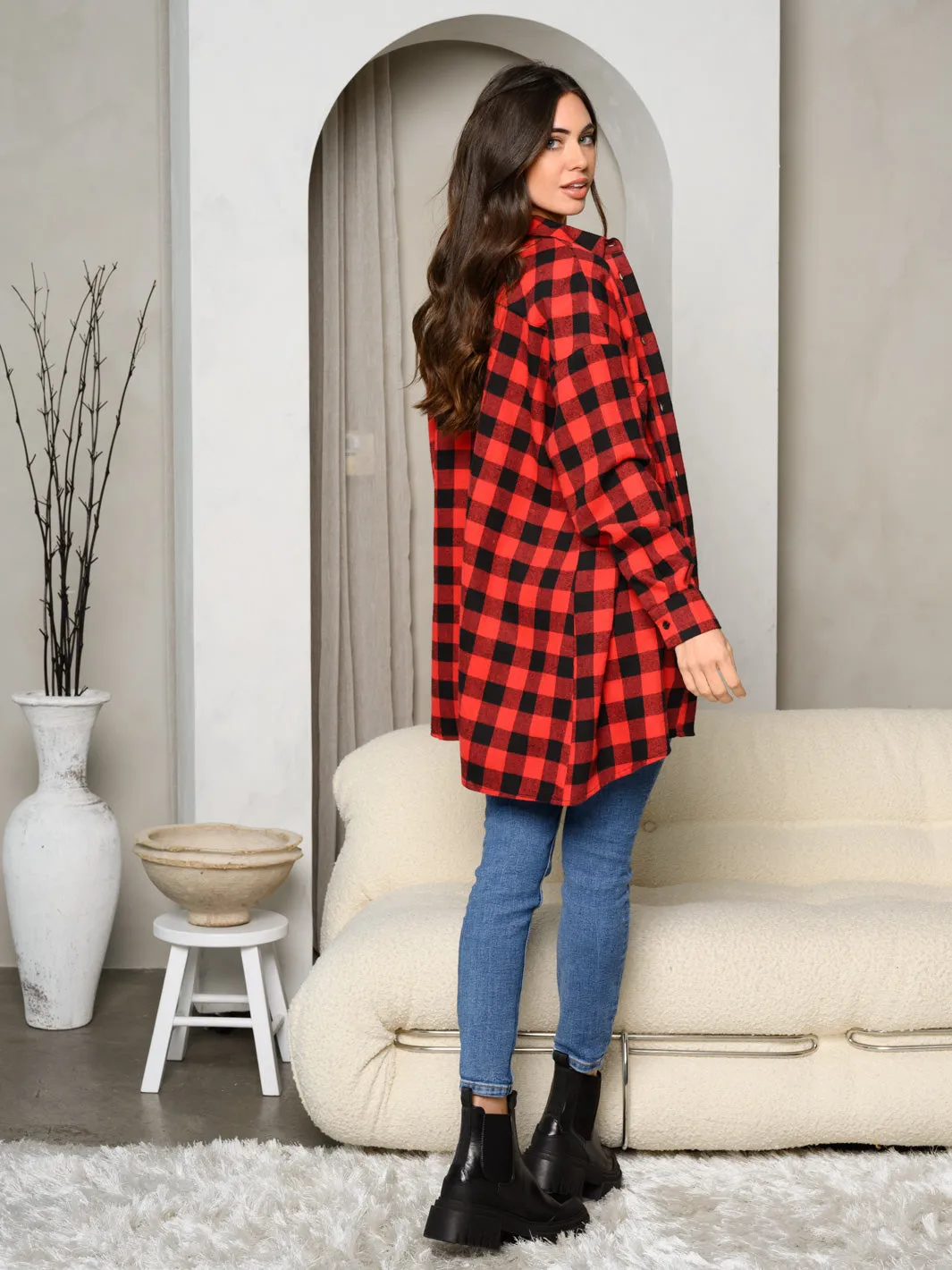 WOMEN'S LONG SLEEVE BUTTON UP FRONT POCKETS PLAID OVERSIZE TOP