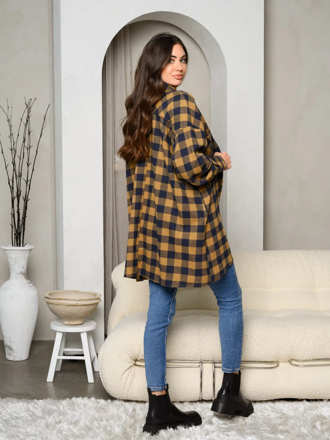 WOMEN'S LONG SLEEVE BUTTON UP FRONT POCKETS PLAID OVERSIZE TOP