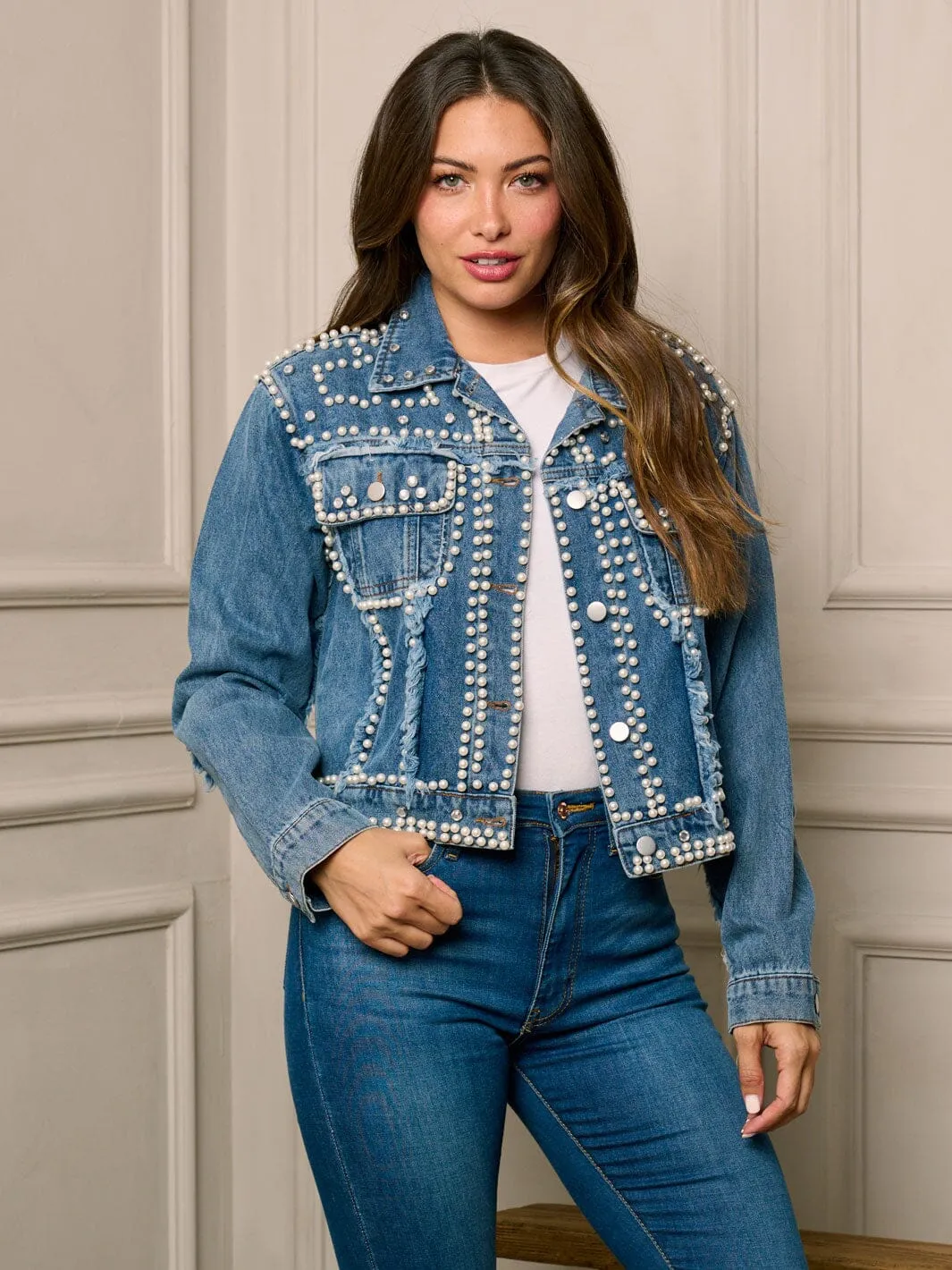 WOMEN'S LONG SLEEVE BUTTON UP PEARL DETAILED DENIM JACKET