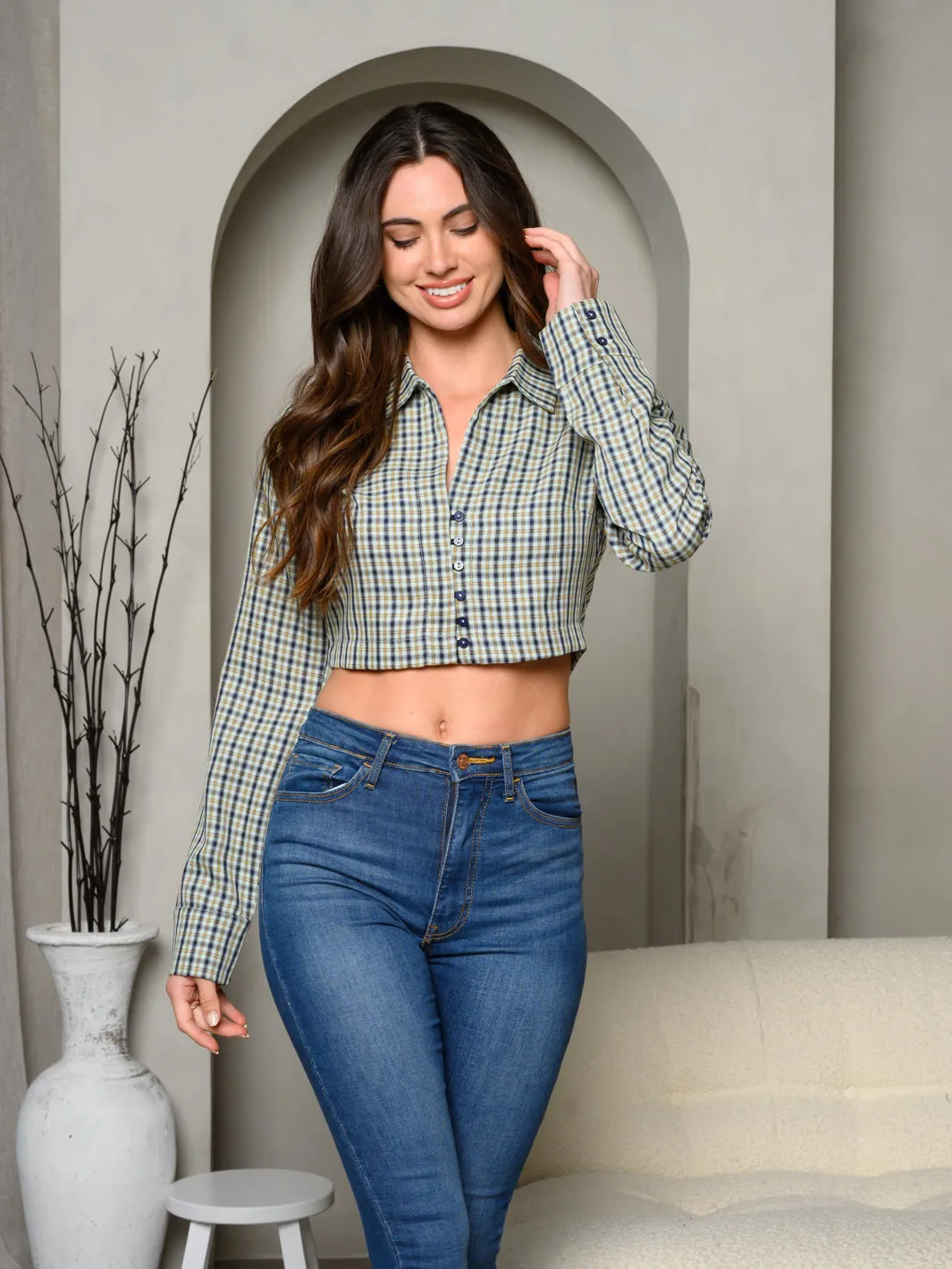 WOMEN'S LONG SLEEVE BUTTON UP PLAID CROP TOP