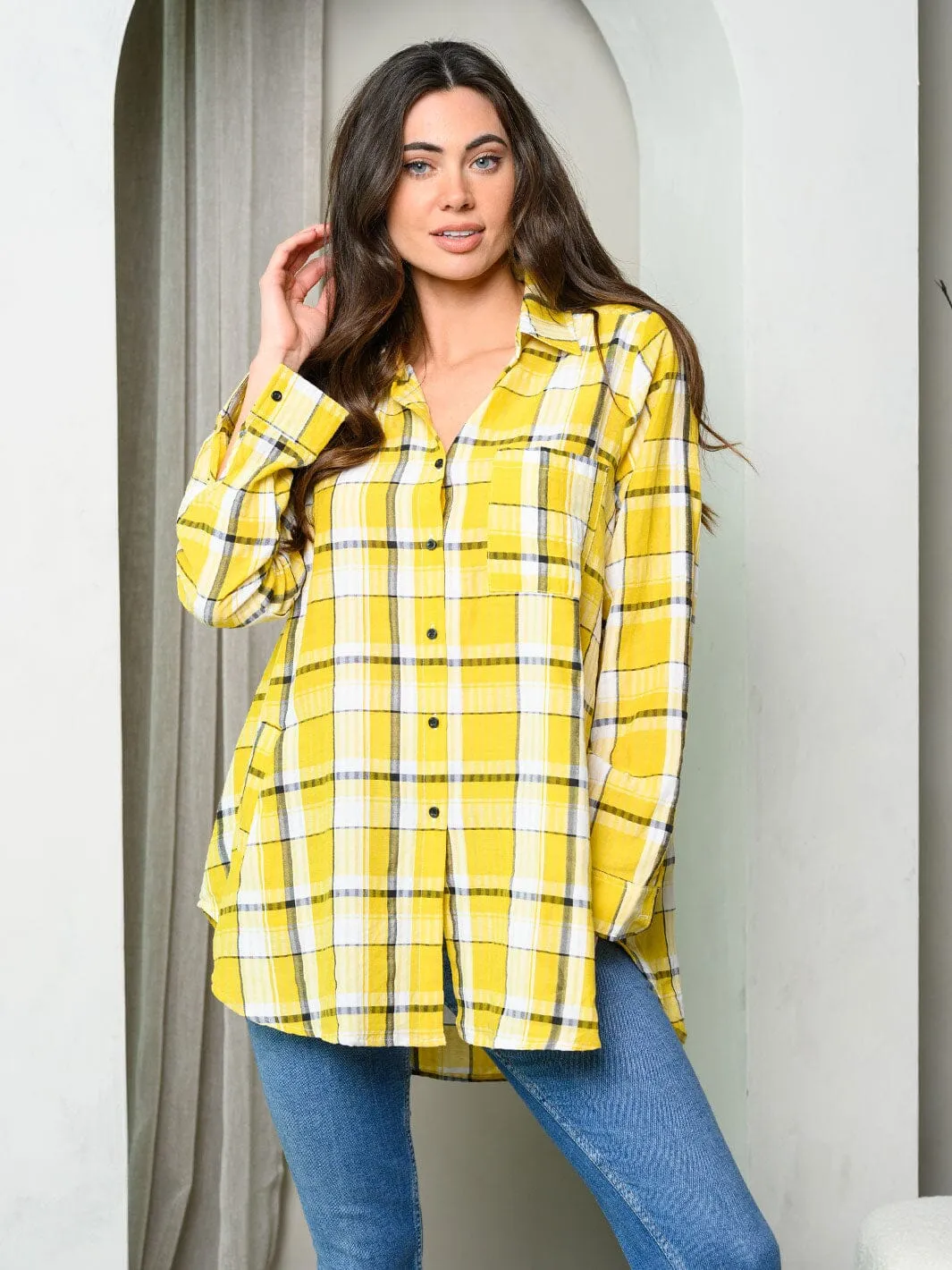 WOMEN'S LONG SLEEVE BUTTON UP PLAID SHIRT