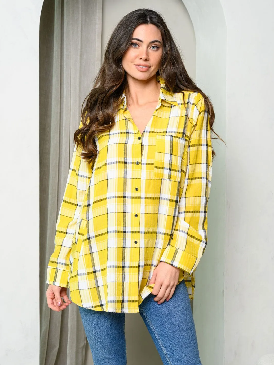 WOMEN'S LONG SLEEVE BUTTON UP PLAID SHIRT