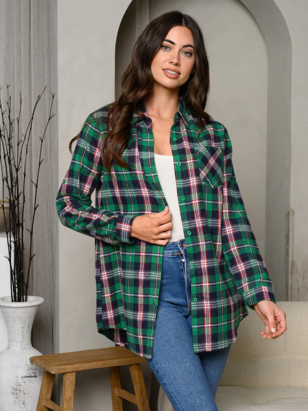 WOMEN'S LONG SLEEVE BUTTON UP PLAID TOP