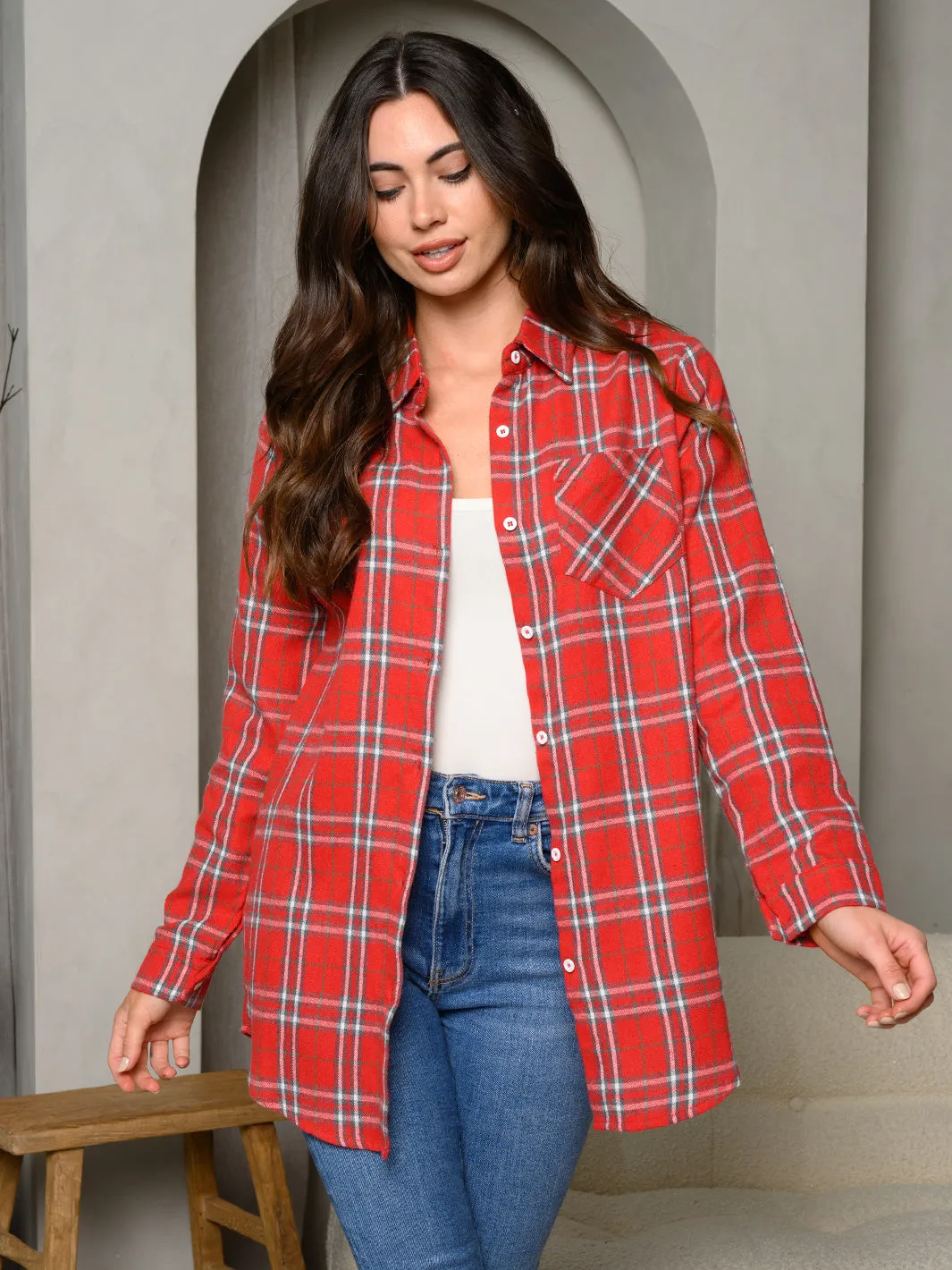 WOMEN'S LONG SLEEVE BUTTON UP PLAID TOP