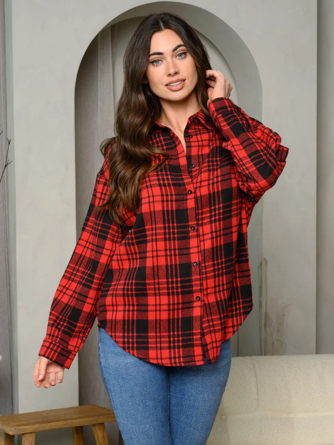 WOMEN'S LONG SLEEVE BUTTON UP PLAID TOP