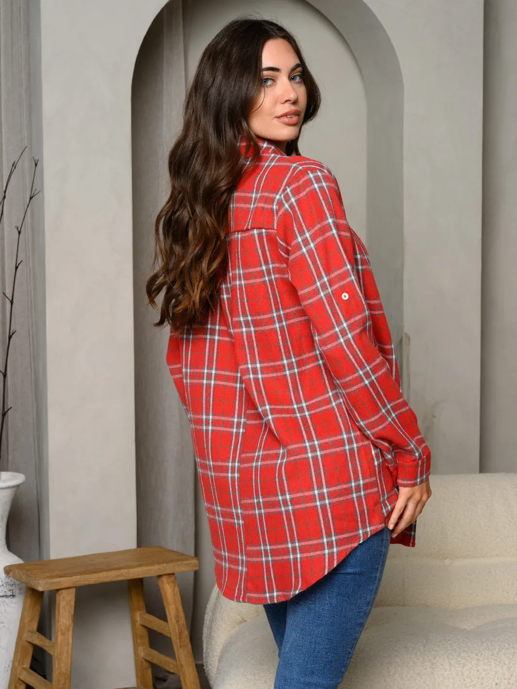 WOMEN'S LONG SLEEVE BUTTON UP PLAID TOP