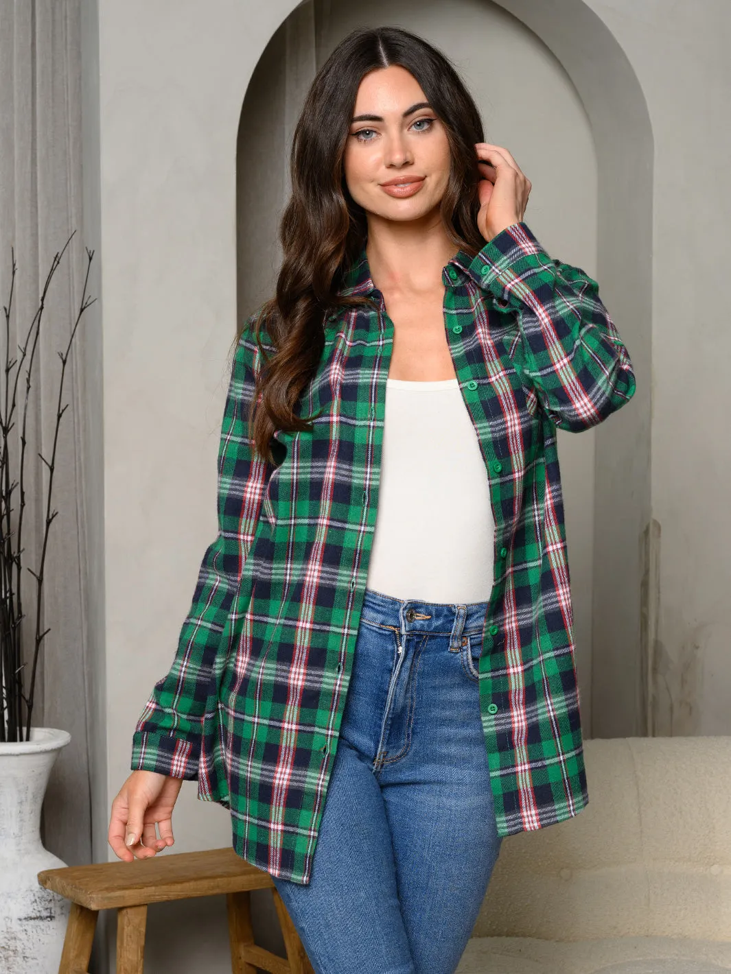 WOMEN'S LONG SLEEVE BUTTON UP PLAID TOP