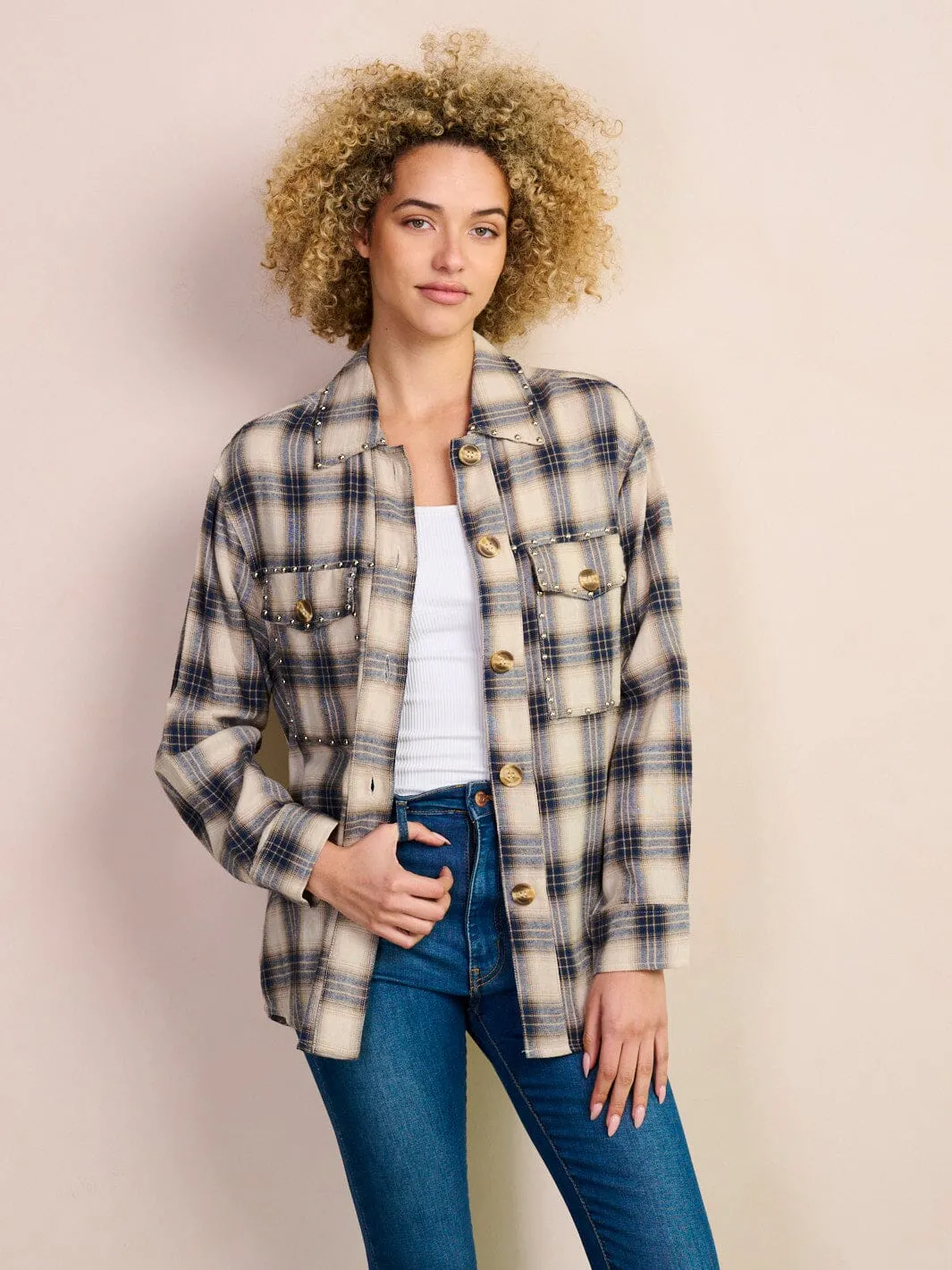 WOMEN'S LONG SLEEVE BUTTON UP POCKETS PLAID STUDS TOP