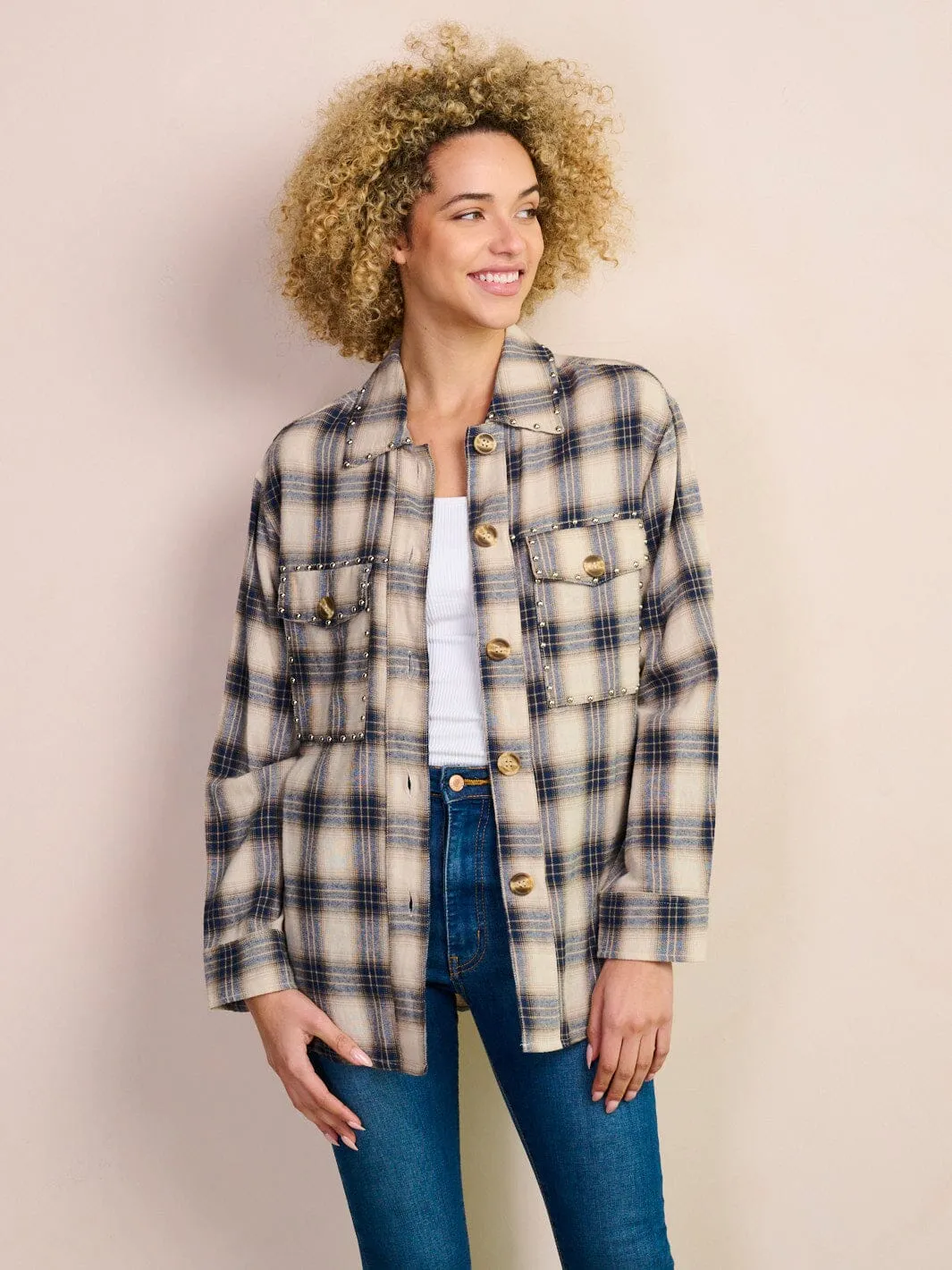 WOMEN'S LONG SLEEVE BUTTON UP POCKETS PLAID STUDS TOP