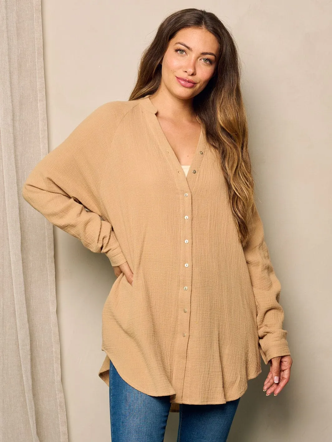 WOMEN'S LONG SLEEVE BUTTON UP POCKETS TUNIC BLOUSE TOP