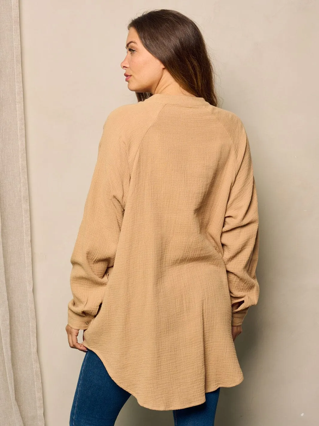 WOMEN'S LONG SLEEVE BUTTON UP POCKETS TUNIC BLOUSE TOP