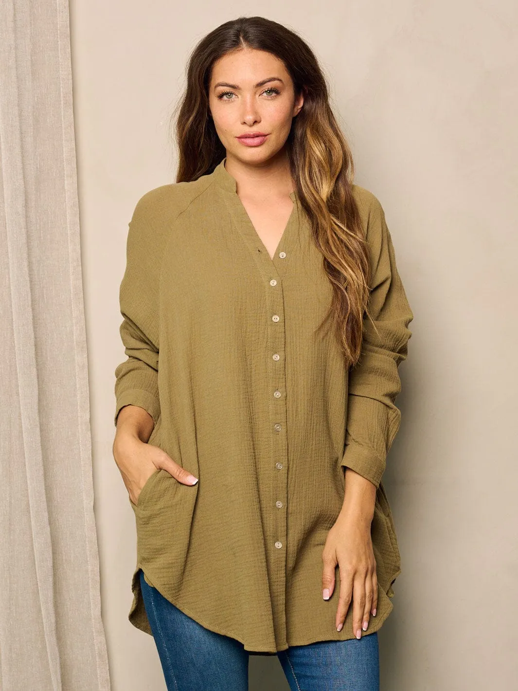 WOMEN'S LONG SLEEVE BUTTON UP POCKETS TUNIC BLOUSE TOP