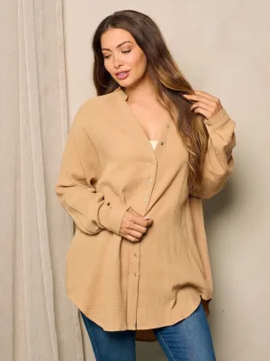 WOMEN'S LONG SLEEVE BUTTON UP POCKETS TUNIC BLOUSE TOP