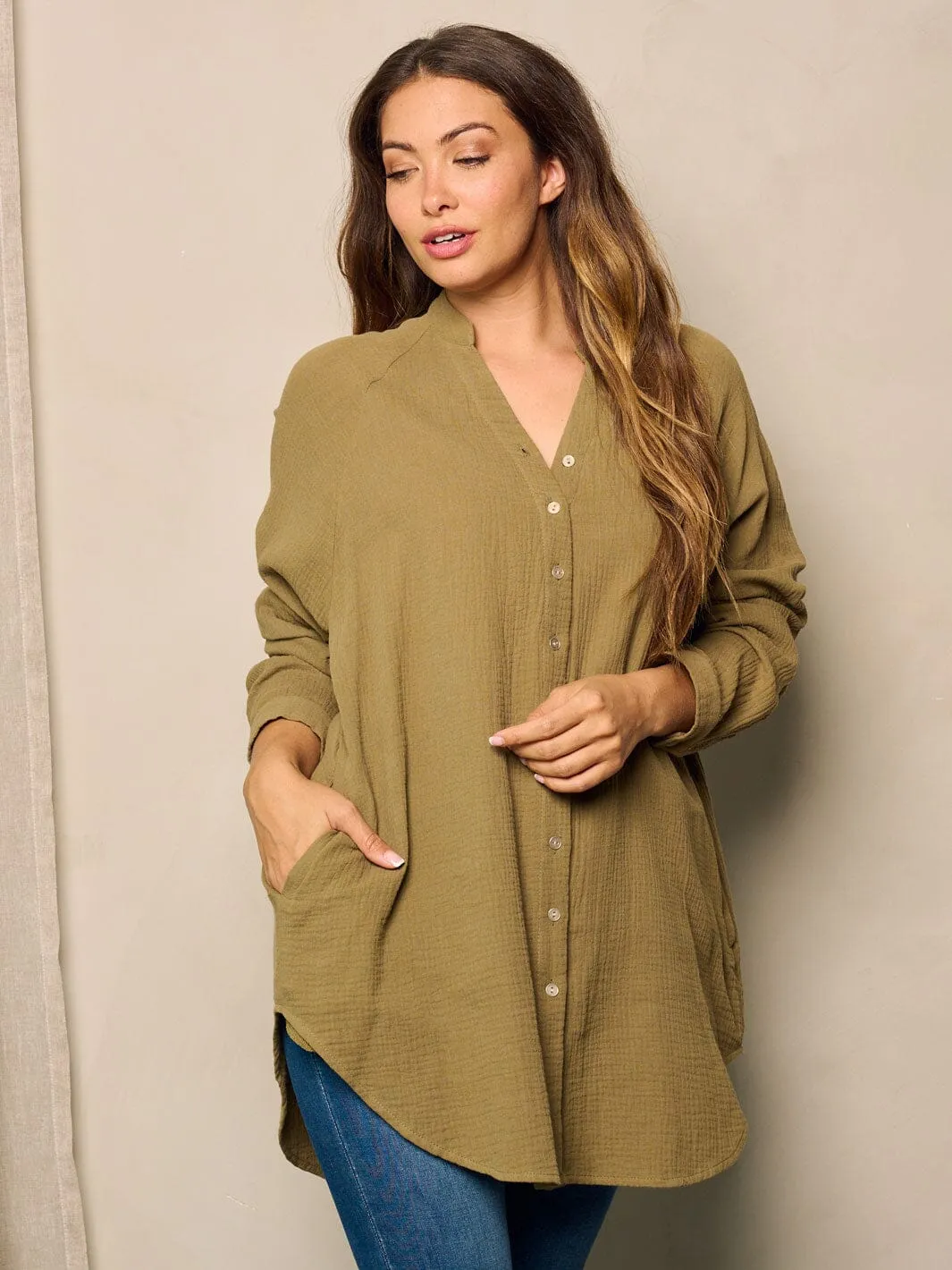 WOMEN'S LONG SLEEVE BUTTON UP POCKETS TUNIC BLOUSE TOP