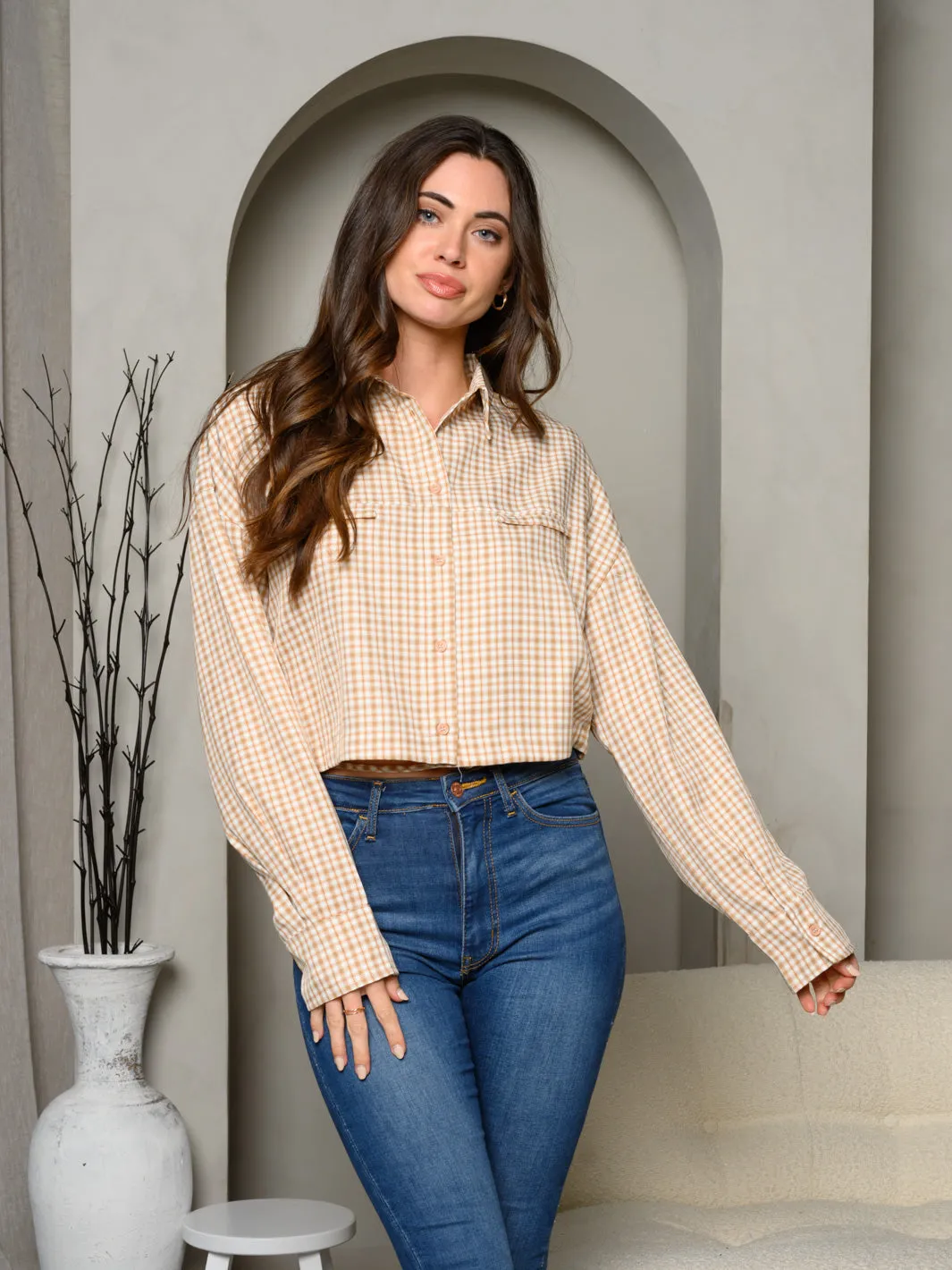 WOMEN'S LONG SLEEVE BUTTON UP SELF TIE PLAID TOP
