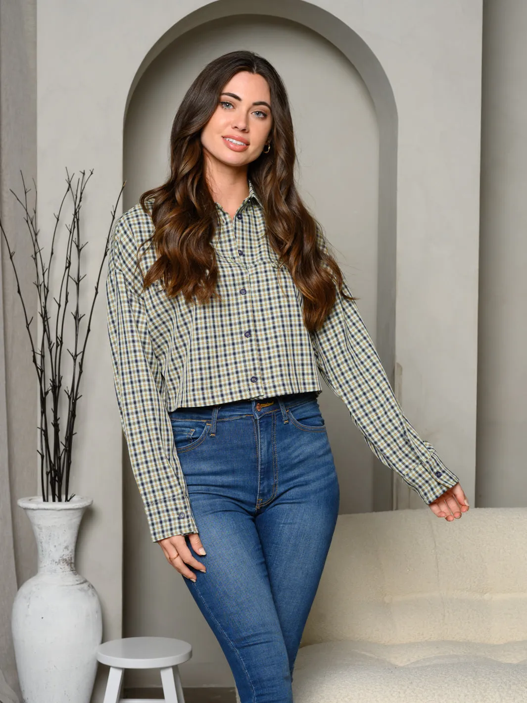 WOMEN'S LONG SLEEVE BUTTON UP SELF TIE PLAID TOP
