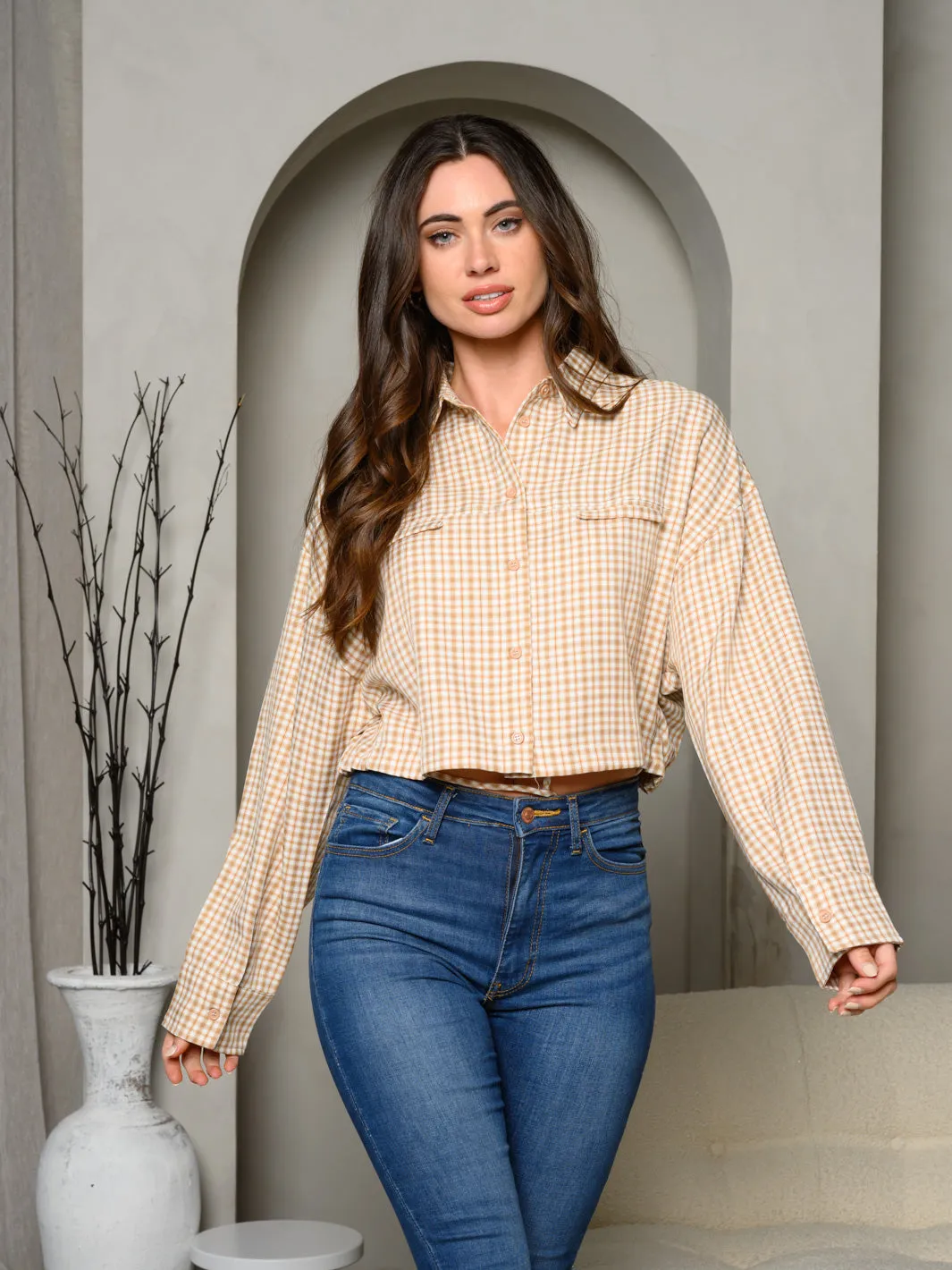 WOMEN'S LONG SLEEVE BUTTON UP SELF TIE PLAID TOP