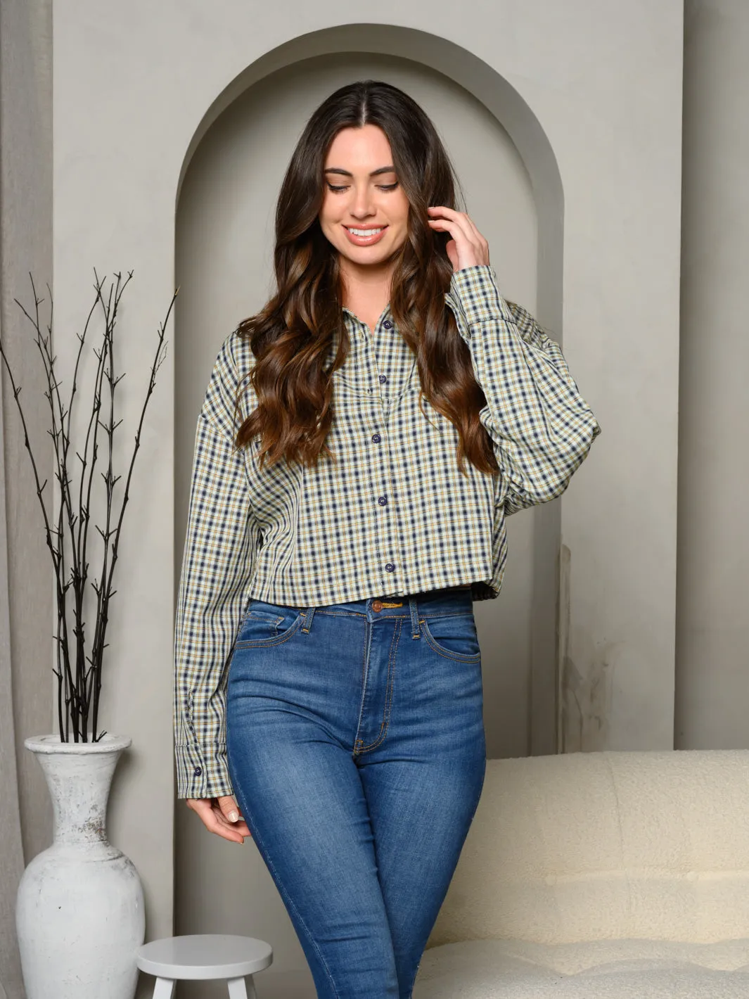 WOMEN'S LONG SLEEVE BUTTON UP SELF TIE PLAID TOP