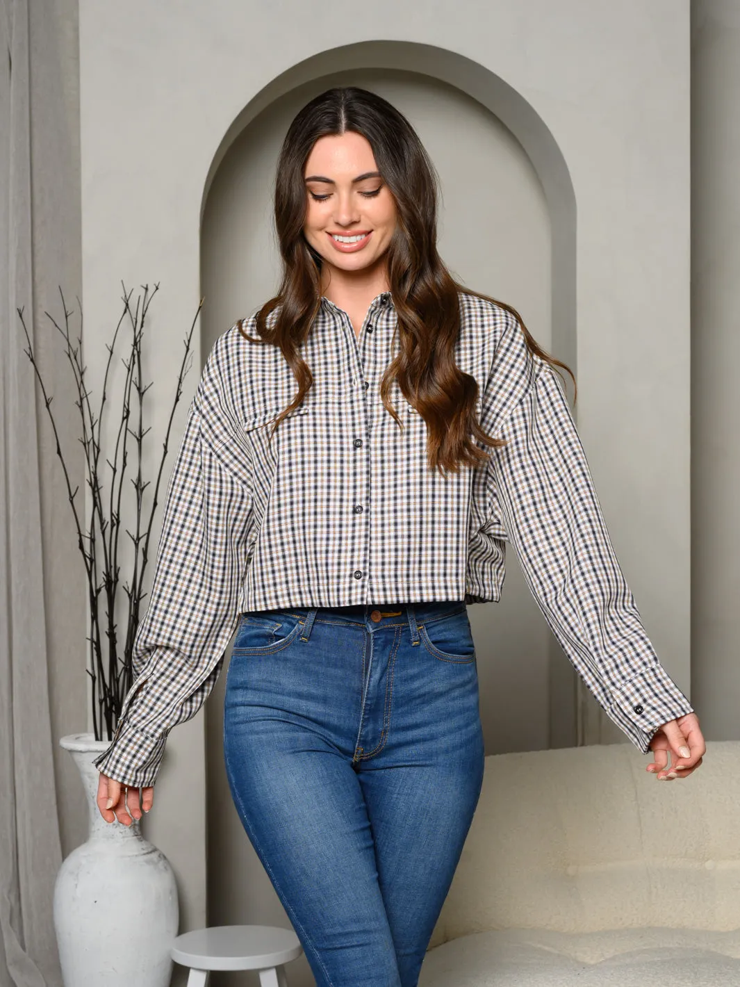 WOMEN'S LONG SLEEVE BUTTON UP SELF TIE PLAID TOP