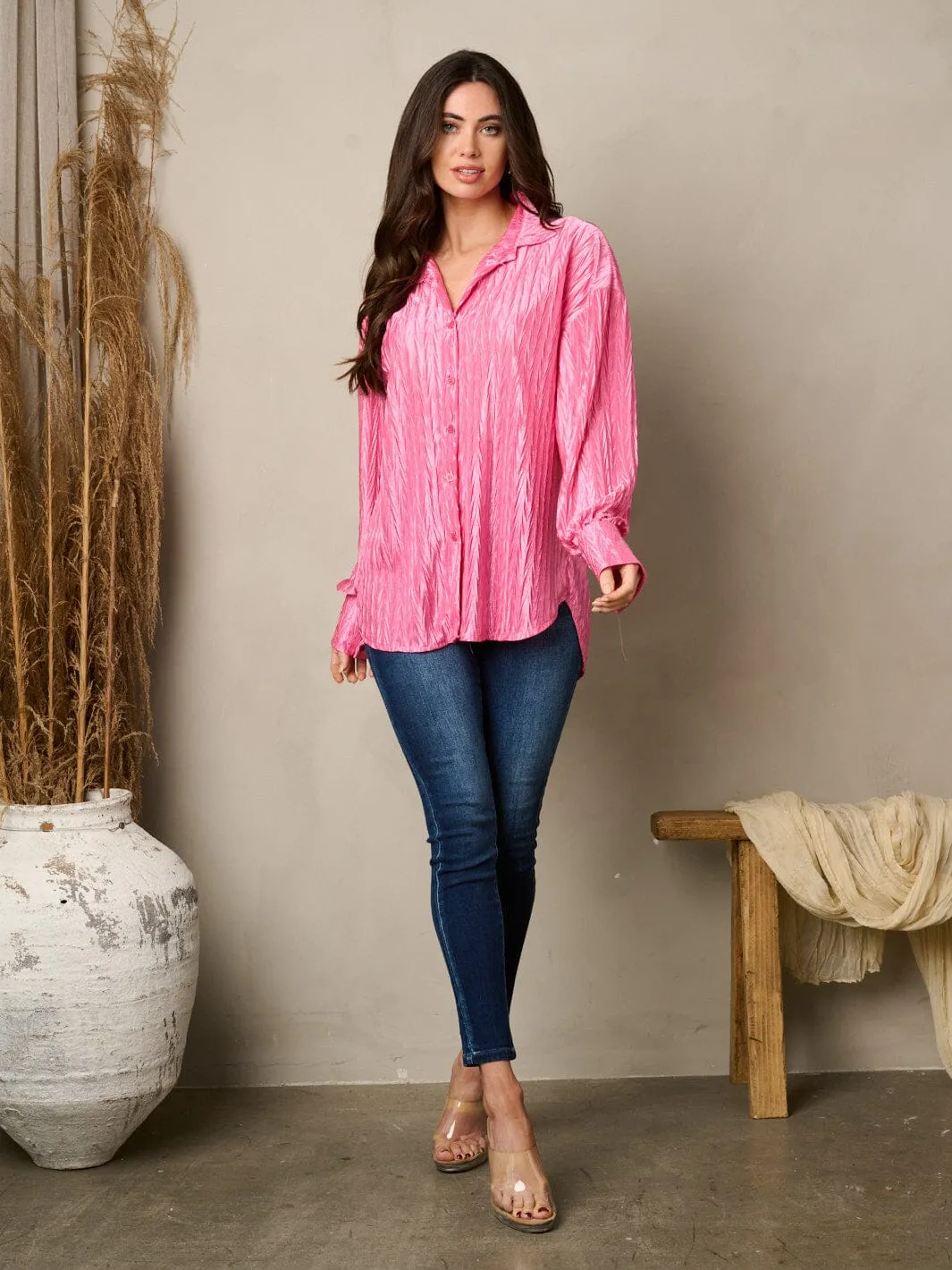 WOMEN'S LONG SLEEVE BUTTON UP SILK LOOSE FIT TOP