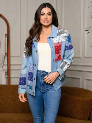 WOMEN'S LONG SLEEVE COLORBLOCK PATCH DENIM JACKET